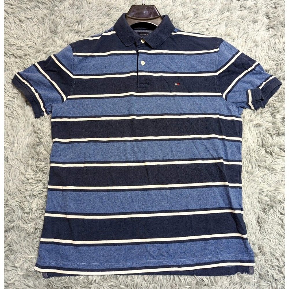 Tommy Hilfiger Polo‎ Shirt Adult Medium Blue White Flat Casual Rugby Mens
